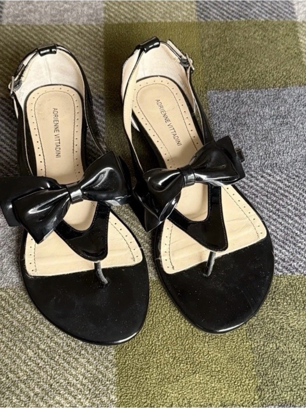 Adrienne Vittadini Black Patent Leather Wedge Heel Ankle Strap Sandals Size 8M